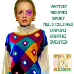 VINTAGE RICHARD SPORT 1980s MULTI COLORED DIAMOND GRAPHIC SWEATER